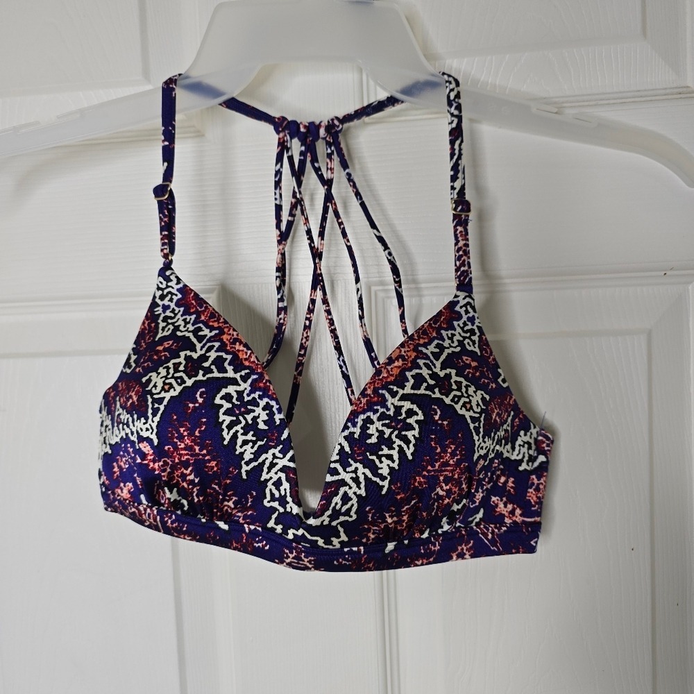 Athleta purple‎ print strappy bikini top hook back cups XS